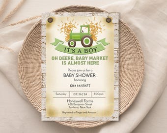 Green Tractor Baby Shower Invitation Template, Rustic Farm Theme (Digital Download)