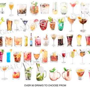 Puede incluir: M&aacute;s de 90 ilustraciones de acuarela de diferentes tipos de bebidas, incluyendo c&oacute;cteles, cervezas y bebidas no alcoh&oacute;licas. Las ilustraciones est&aacute;n dispuestas en filas y columnas sobre un fondo blanco.