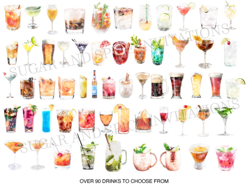 Puede incluir: M&aacute;s de 90 ilustraciones de acuarela de diferentes tipos de bebidas, incluyendo c&oacute;cteles, cervezas y bebidas no alcoh&oacute;licas. Las ilustraciones est&aacute;n dispuestas en filas y columnas sobre un fondo blanco.