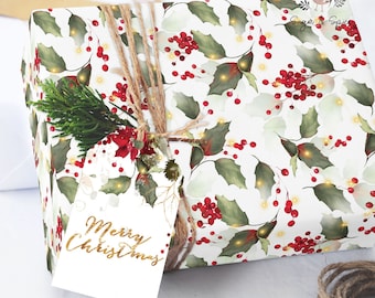 Holly and Lights Christmas Wrapping Paper Sheets Roll, Holiday Gift Wrap, Thick Gift Wrap, 5 sheets per Set 20" x 29"