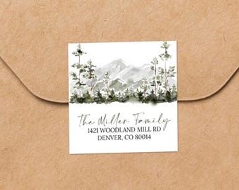 Adesivo per indirizzo di ritorno invernale Woodland Mountains, etichetta per indirizzo personalizzata da 2,5 pollici, etichette per indirizzo personalizzate per matrimonio