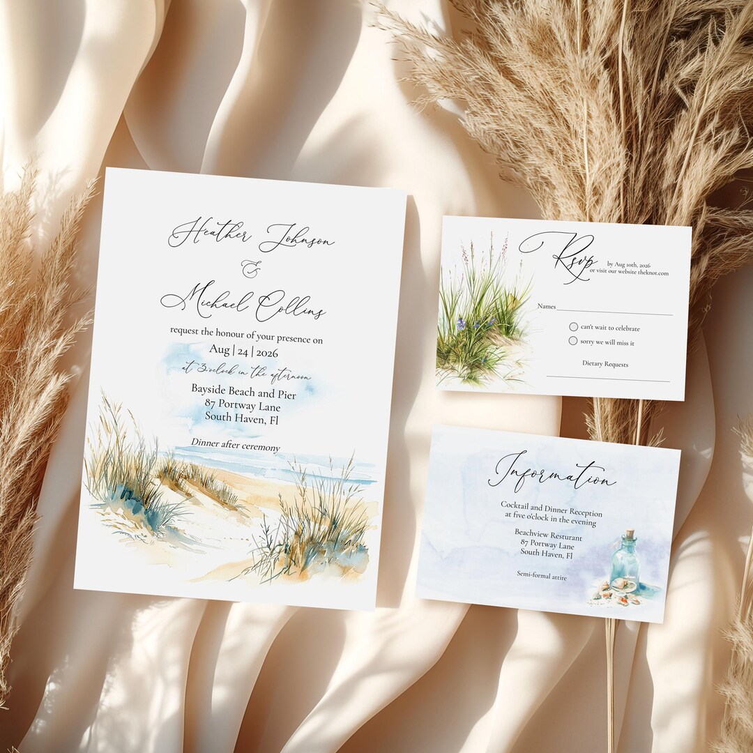 Elegant Beach Wedding Invitation Template, Watercolor Seascape (digital ...