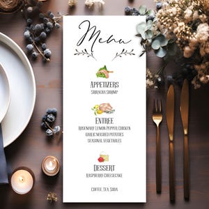 Gedrukte menu's, elegant voedselpictogram trouwmenu,| Menukaarten bruiloft, bedrukking op maat voor evenementmenu's