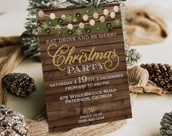 Rustic Christmas Party Invitation, Gold Hanging Lights and Garland, Wood Background Holiday Invite, Printable Christmas Party Invitation