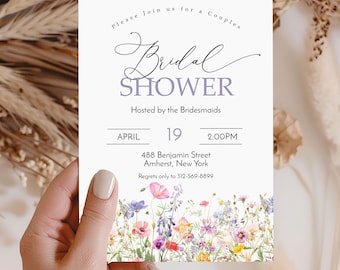 Wildflower Bridal Shower Invitation, Spring Floral  Theme, Summer, Couples, Template, Instant Download