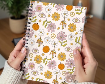 Daisies, Pumpkins & Peace Sign Ruled Journal, Halloween Ruled Notebook, Spooky Journal, Cute Retro Halloween Stationery,