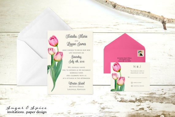 pink tulip wedding invitation botanical wedding invitation etsy tulip wedding invitations