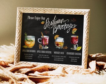 Fall Signature Drinks Sign PRINTED, Autumn Beverages Drink Sign, Rustic Bar Menu, Wedding Drink Sign