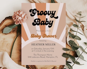 Groovy Retro Baby Shower Invitation Template, Gender Neutral (Digital Download)