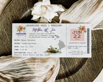 Hawaii Boarding Pass Wedding Ticket Invitation Printable, Destination Wedding Invitation, Tropical Wedding Suite