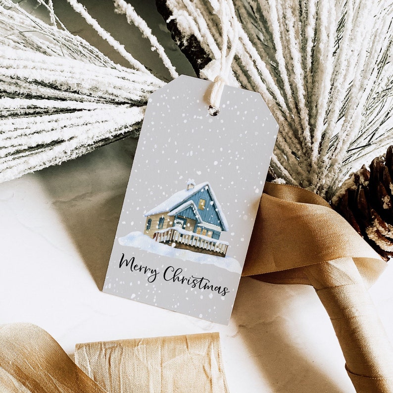 Christmas Gift Tag, Cozy Blue Cabin Christmas gift tag, Winter Holiday Gift Tags, PRINTED Gift Tags with string image 1
