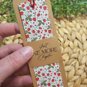 May include: A bookmark with a strawberry pattern and the text "Just One More Chapter" on a brown background.