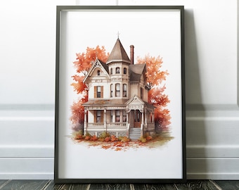 Haunted House Wall Art Print, Halloween Fall Decor (Printed)