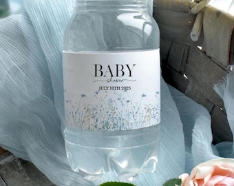 Blue Wildflower Baby Shower Water Bottle Stickers, Floral Bottle Wrap