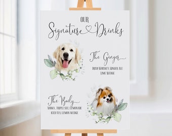 Custom Pet Portrait Signature Drinks Sign, Gold Greenery Wedding Bar Menu (Printable)