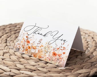 Wildflower Fall Thank You Card, PRINTED Folded Card Bridal Shower, Wedding, Baby