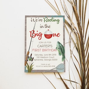 Fishing First Birthday Invitation Boy, We're Reeling Big One Birthday Party Invitation, Country Outdoor, Trout