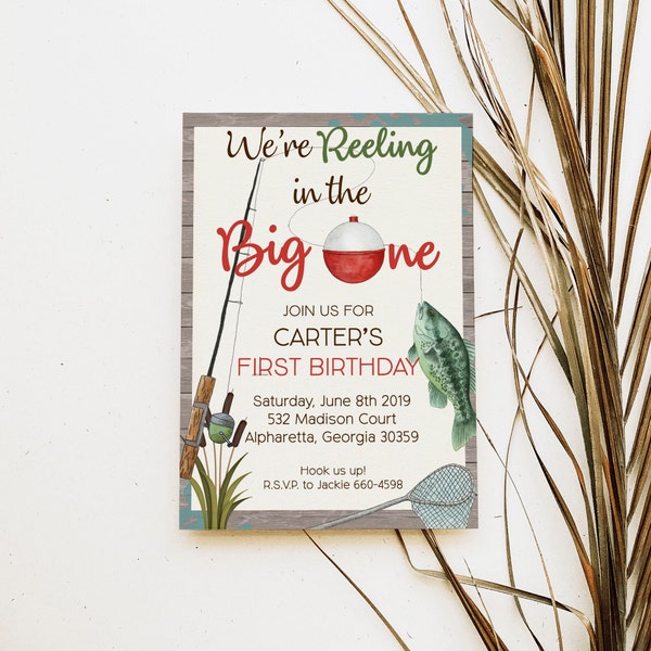 Fishing First Birthday Invitation Boy, We're Reeling Big One Birthday Party Invitation, Country Outdoor, Trout