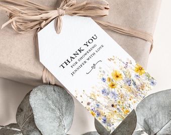 Wildflower Watercolor Thank You Bridal Shower Gift Tag, PRINTED Gift Tags with string, Spring Wedding Shower Favor Tag, Small Gift Tag