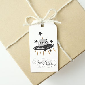 Happy Birthday Gift Tags, PRINTED Boy Birthday Tags with string, Birthday Favor Tags, Alien Gift Tag, Stars, Spaceship image 2