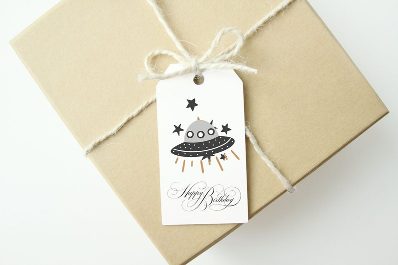 Happy Birthday Gift Tags, PRINTED Boy Birthday Tags with string, Birthday Favor Tags, Alien Gift Tag, Stars, Spaceship image 2