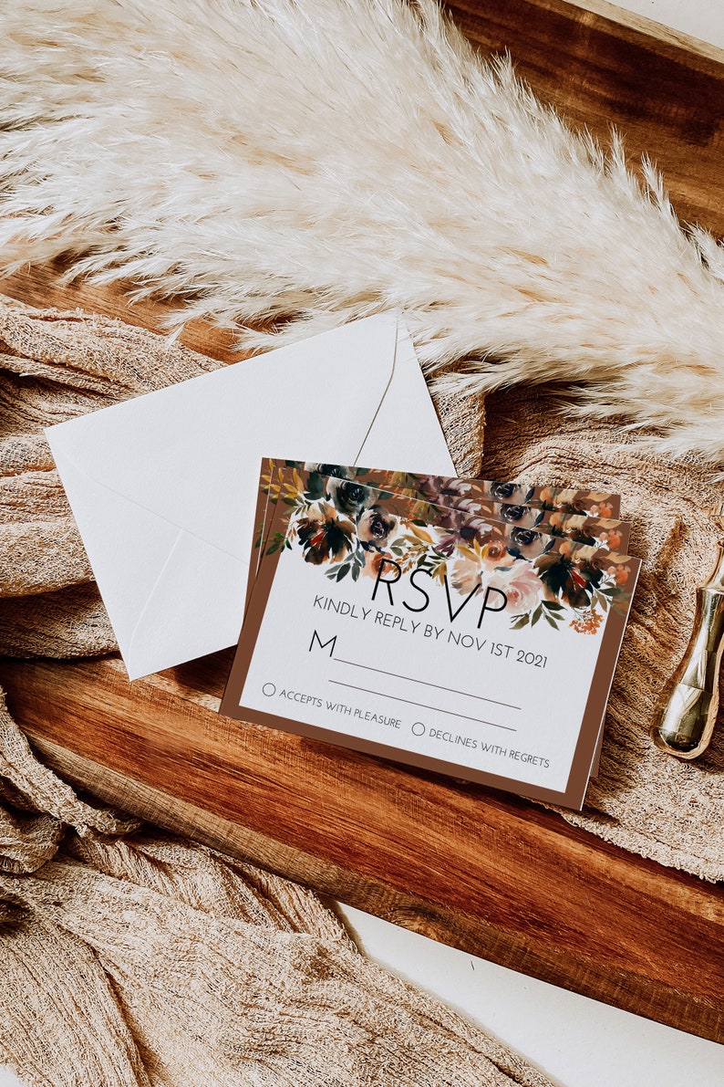 Boho Terracotta Floral Flowers Wedding Invitation Set with RSVP Details Card Printable image 4
