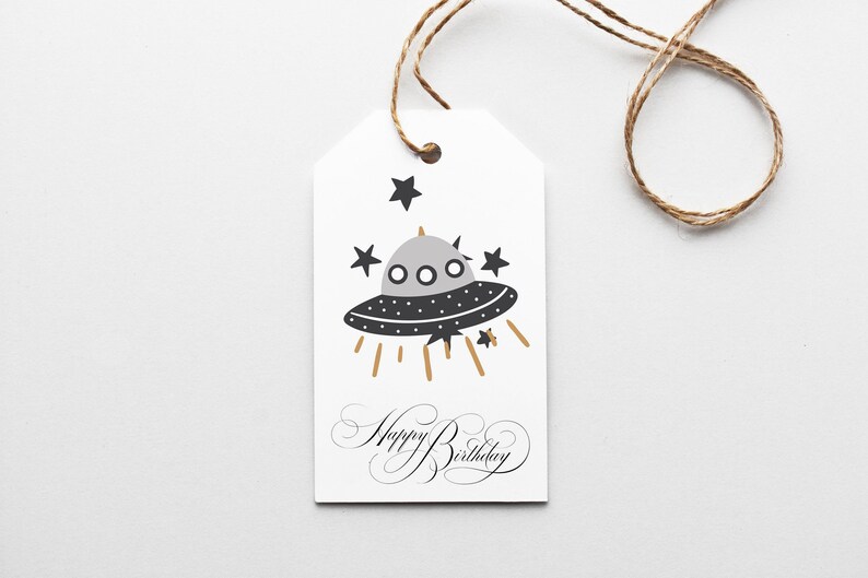 Happy Birthday Gift Tags, PRINTED Boy Birthday Tags with string, Birthday Favor Tags, Alien Gift Tag, Stars, Spaceship image 1