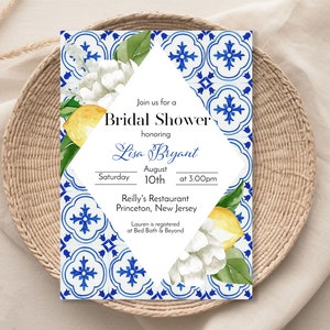 Lemon Mediterranean Bridal Shower Template Lemon Bridal Shower Invitation Editable File, Instant Download, Blue Tile White Flowers image 1