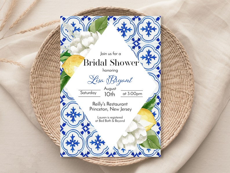 Lemon Mediterranean Bridal Shower Template Lemon Bridal Shower Invitation Editable File, Instant Download, Blue Tile White Flowers image 1