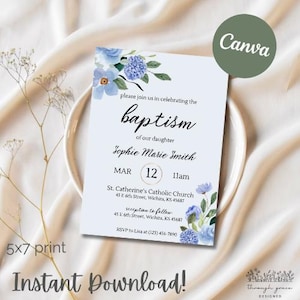 Catholic Baptism Invitation Girl, Catholic Baptismal Invite, Editable Blue Template, Girl Christening Dedication, 5x7 Canva Digital Download