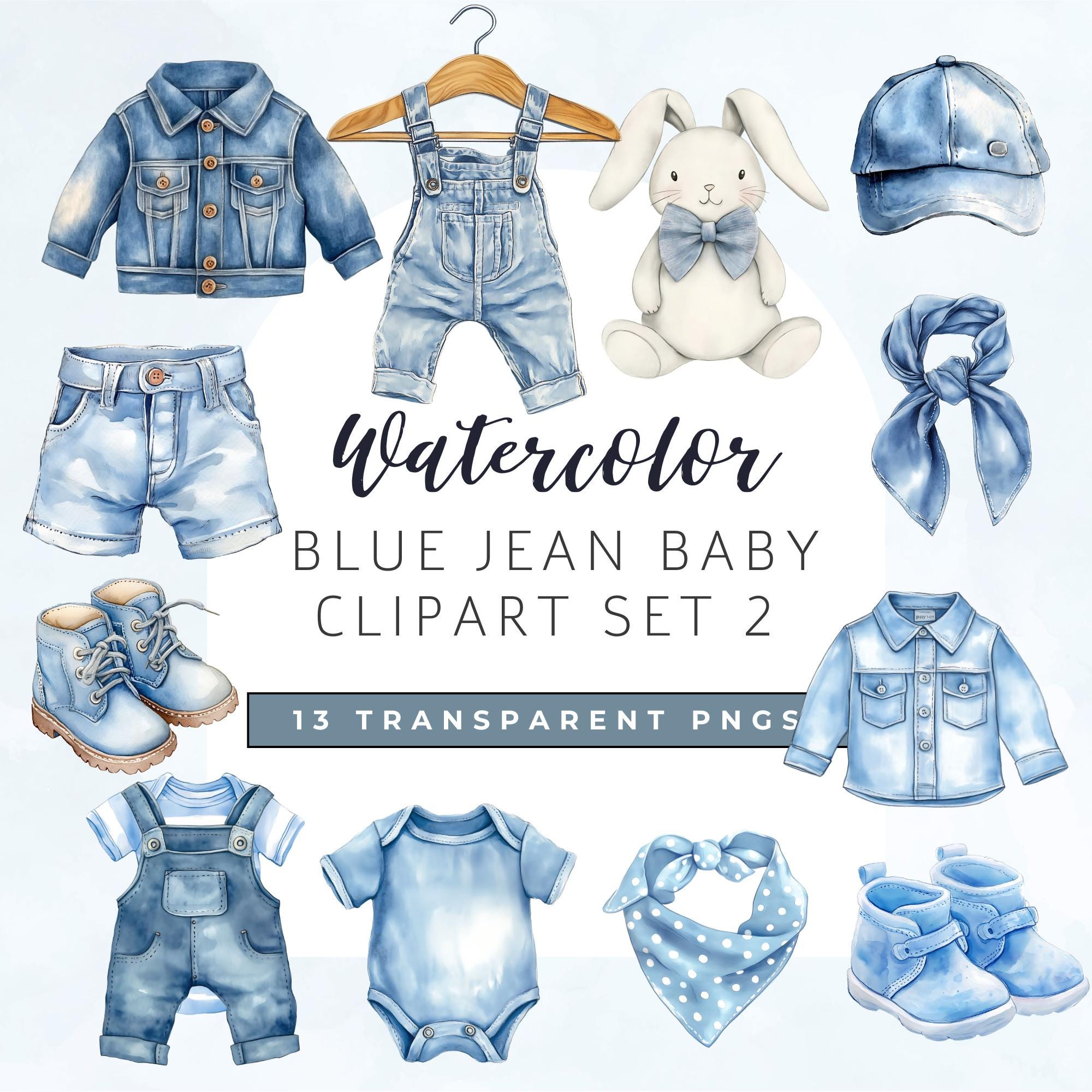 Blue Jean Baby Clipart, Denim Baby Boy Clothes Clipart, Baby Clothes On Clothesline, Denim Themed Baby Clothing Clipart, Denim Baby Shower