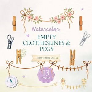 Pode incluir: Uma coleção digital de ilustrações em aguarela com cordas de estendal vazias, molas de madeira e metal e detalhes florais. O texto diz Watercolor EMPTY CLOTHESLINES & PEGS, COMMERCIAL USE e 13 PNGs, com o logótipo Graceful Digital Art.