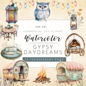 Boho Gypsy Wagon Clipart - Aquarell Boho PNG, Wohnwagen Grafiken, Wildblumen & Mystic Clipart, digitaler Download, Planwagen Clipart