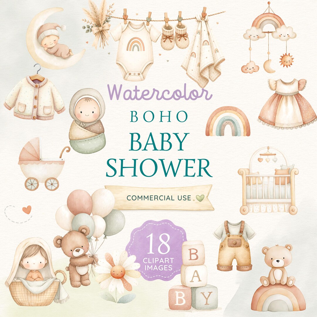 Boho Baby Shower Clipart Set – Neutral Watercolor Baby Clothesline ...