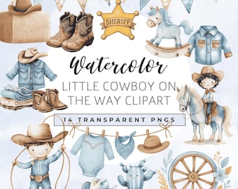 Little Cowboy Clipart Set, Baby Cowboy Boot Clipart,  Baby Shower, Rodeo Party (PNG Digital Download)