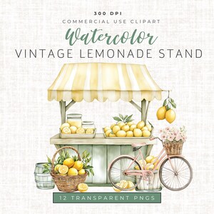 May include: A watercolor illustration of a vintage lemonade stand with a yellow striped awning, a basket of lemons, a pink bicycle, and jars of lemonade. The stand is painted in a light green color with a wooden countertop. The illustration is set against a white background.