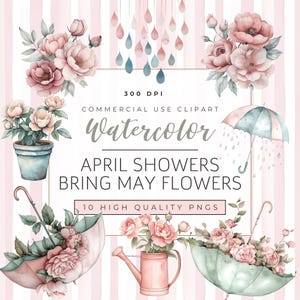 April Showers Bring May Blumen Clipart-Set, rosa Aquarell PNGs, blühende Regenschirme, Blumen & Regentropfen, enthält 2 nahtlose Muster