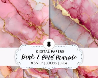 May include: Eight digital papers featuring pink and gold marble designs. The papers are 8.5" x 11" and 300dpi, in JPG format. The text on the image reads "Pink & Gold Marble".