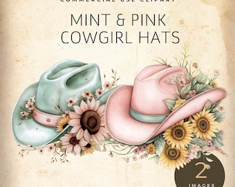 May include: Two watercolor illustrations of cowgirl hats, one in mint green and one in pink, adorned with sunflowers and other flowers.