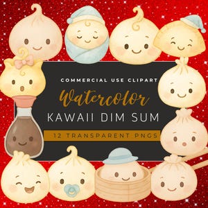 Ensemble de cliparts Dim Sum aquarelles Kawaii – 12 boulettes de pâte mignonnes pour bébé – PNG pour baby shower et faire-part de naissance