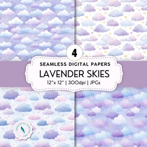Pode incluir: Quatro papéis digitais sem costura com tema de céu lavanda. Cada papel apresenta um design em aquarela de nuvens fofas em tons de roxo, azul e rosa, com estrelas douradas sutis. Os papéis medem 30,48 cm x 30,48 cm e 300 dpi, rotulados como "Lavender Skies".