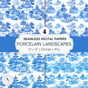 Blue & White Chinoiserie Seamless Patterns | Cobalt Blue Landscape Backgrounds | Printable Scrapbook Paper | Chinese Porcelain Digital Paper
