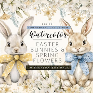 Easter Bunny Clipart, Watercolor Easter Bunny and Flowers Clipart, Cute Bunnies, Watercolor Spring Flowers Clipart, Bunny with Bow PNGs
