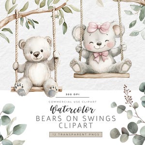 Clipart di orsetti sulle altalene, Clipart acquerello, file PNG a 300 DPI, sfondo trasparente PNG, Clipart di orsetti carini per baby shower