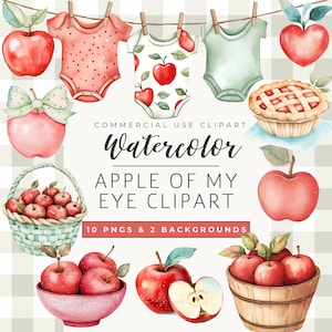 Puede incluir: Clipart de acuarela con manzanas, bodies de bebé y una tarta. El texto dice "Watercolor Apple of My Eye Clipart" y "10 PNGS & 2 BACKGROUNDS". La imagen tiene un ambiente ligero y aireado con un fondo de cuadros vichy.