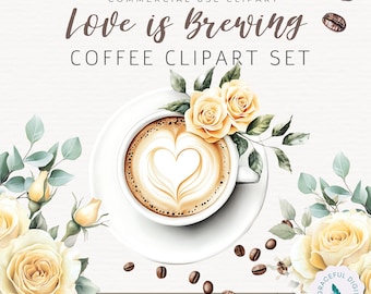 Conjunto de imágenes prediseñadas para despedida de soltera "Love Is Brewing": Rosas amarillas y pastel y café, estilo acuarela, descarga digital.