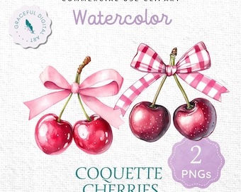 Cherry On Top Clipart | Coquette Cherry Clipart | Watercolor Pink Bow Cherry Clipart | Cherries and Bow Clipart