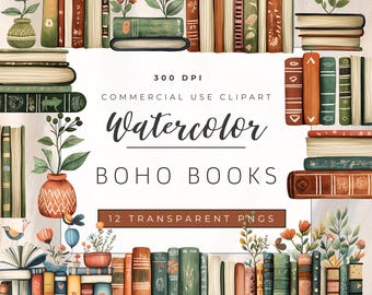 May include: Watercolour illustrations of stacks of books with floral accents. The text "300 DPI, Commercial Use Clipart, Watercolor Boho Books, 12 Transparent PNGs" is displayed on a white background.