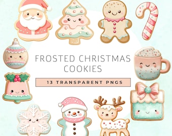 フロストクリスマスクッキーのクリップアート、クリスマスシュガークッキーのクリップアート、13種類のかわいいパステルクリスマスクッキー