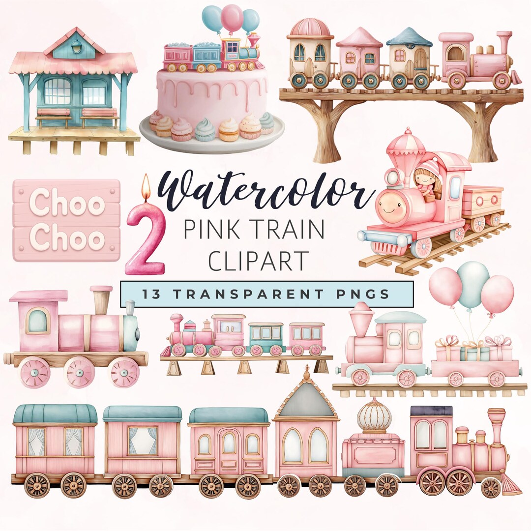 Watercolor Pink Train Clipart Set: Girl Birthday Party Graphics ...